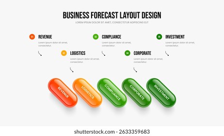 Market Launch Slideshow Design Vector Illustration. Consulting Forecast 5 Step Diagram Presentation Layout. Digital Analysis Five Option Infographic Frame Template.