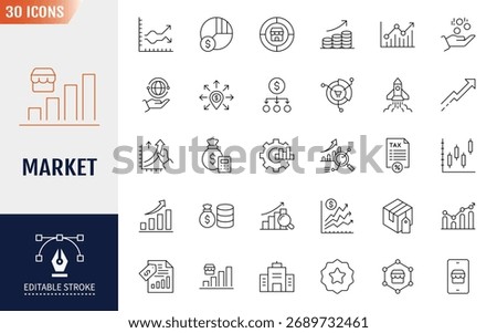 Market Line Editable Icons set. Containing icons: company, budget, sales, and more. Vector illustration