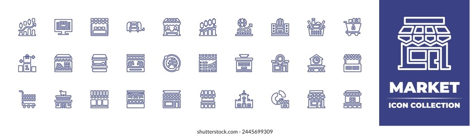 Market line icon collection. Editable stroke. Vector illustration. Containing podium, store, food stall, ben thanh market, shoes, shopping cart, market, stock market, gift, beer, pie chart.