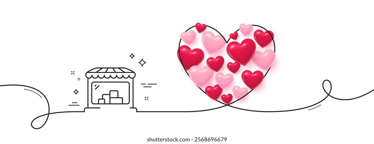 Market line icon. Continuous line big heart. Wholesale store sign. Retail marketplace symbol. 3d hearts in heart shaped loop. Market single line ribbon. Loop curve pattern. Vector