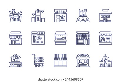 Market line icon set. Editable stroke. Vector illustration. Containing food stall, podium, store, basket, ben thanh market, shopping cart, stockbroker, market.