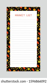 Market list flat vector templates set. Chinese lanterns, golden coins, red envelopes and fireworks flat vector illustrations. Asian prosperity and wealth symbols on black background. Notepad checklist