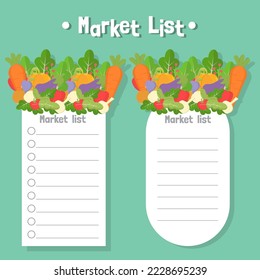 Plantilla de lista de mercado con verduras. Notas de papel para el planificador. Ilustración vectorial.