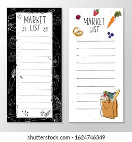 market list templates with doodle drawings of food and a shopping bag with products, on a white and black background with a chalk drawing effect. Vector illustration set of products, grocery bag