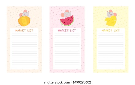 Market lists flat vector templates set. Cute mice holding pumpkin, watermelon and cheese cartoon characters. Notepad checklist layout