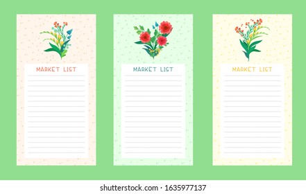 Market lists flat vector templates set. Wild flowers flat vector template. Notepad checklist layout