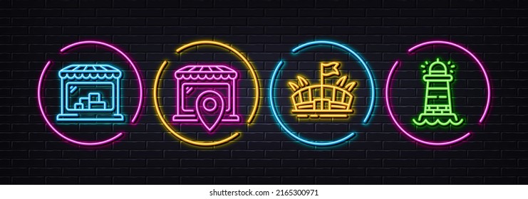 Market location, Market and Arena minimal line icons. Neon laser 3d lights. Lighthouse icons. For web, application, printing. Shop, Store, Sport stadium. Searchlight tower. Neon lights buttons. Vector