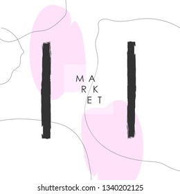 Market logo and background. Abstract hand drawn brush strokes and paint splashes, lines, geometric shapes