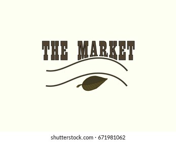 The Market logo design in retro style.Dark brown lettering on white background.The one leaf is hand drawn below.Space for your text.