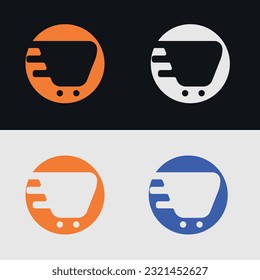 Market logo, e-commerce, online sale, shopping cart, courier services icon in orange, blue, black and white colors