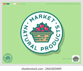 Market logo like sticker. Natural  Product icon. A Basket with fruits with letters into circle.