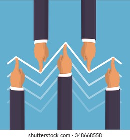 Market manipulation concept in flat style - Businessman hands pushing the prices up and down. Helping the economy concept. Hands pushing the business graph up. Flat style isometric illustration