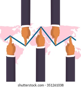 Market manipulation concept in flat style - Businessman hands pushing the prices up and down. Helping the economy concept. Hands pushing the business graph up. Flat style isometric illustration