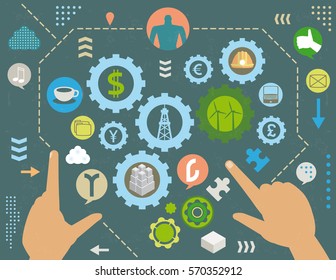 Market manipulation of energy concept with social media icons, infographics elements and grunge texture.
