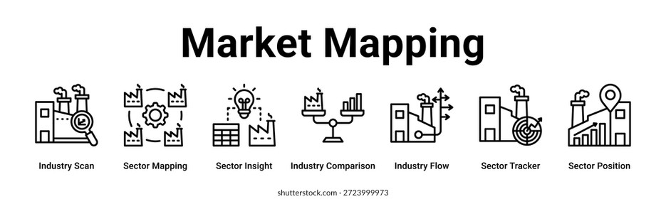 Concepto de Ilustración vectorial de íconos de Anuncio de Web de mapeo de mercado para la industria con ícono de escaneo de la industria, mapeo sectorial, visión sectorial, comparación de la industria, flujo de la industria, rastreador del sector.