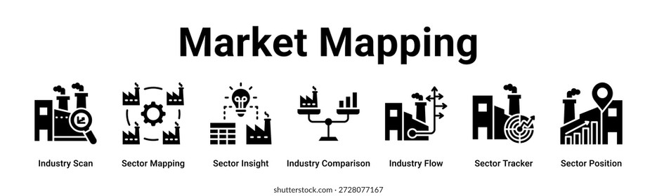Concepto de Ilustración vectorial de íconos de Anuncio de Web de mapeo de mercado para la industria con ícono de escaneo de la industria, mapeo sectorial, visión sectorial, comparación de la industria, flujo de la industria, rastreador del sector.