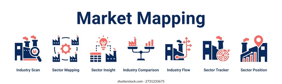 Concepto de Ilustración vectorial de ícono de Anuncio de Web de mapeo de mercado para la industria con ícono de escaneo de la industria, mapeo sectorial, información sectorial, comparación de la industria, flujo de la industria, rastreador del sector.