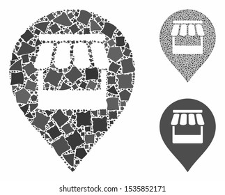 Market marker composition of ragged pieces in different sizes and color tinges, based on market marker icon. Vector abrupt pieces are combined into composition.