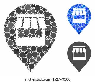 Market marker composition of small circles in variable sizes and color tones, based on market marker icon. Vector filled circles are united into blue composition.