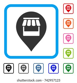 Market Marker icon. Flat gray iconic symbol inside a light blue rounded squared frame. Black, gray, green, blue, red, orange color versions of Market Marker vector.