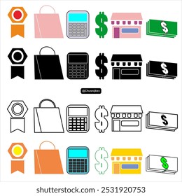 Market Material, icon dollar, icon market, shopping bag, calculator