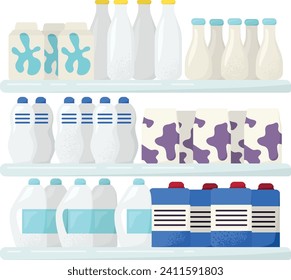 Market milk shop shelf, fresh homemade whole lactic drink, food shop flat vector illustration, isolated on white. Concept foodstuff product item, packaged whole lotion, rustic dairy beverage.