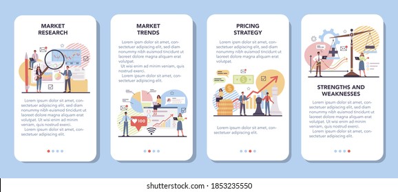Juego de banners para aplicaciones móviles de mercado. Estrategia de marketing y comunicación a través de los medios de comunicación. Promoción de empresas, estrategia de precios, análisis de tendencias de mercado. Ilustración vectorial plana aislada
