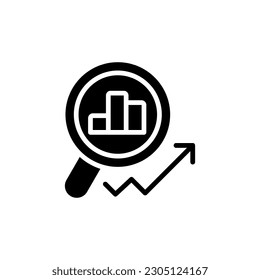Market monitoring black glyph icon. Revenue growth. Stock market. Financial data analysis. Income graph evaluation. Silhouette symbol on white space. Solid pictogram. Vector isolated illustration