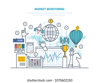 Market monitoring and research, digital marketing, planning financial indicators. Analysis, tracking, planned monitoring of market conditions, business study of tendencies. Illustration thin line