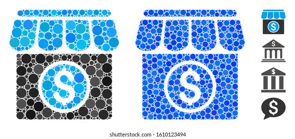 Market mosaic of round dots in variable sizes and color tones, based on market icon. Vector round dots are composed into blue collage. Dotted market icon in usual and blue versions.