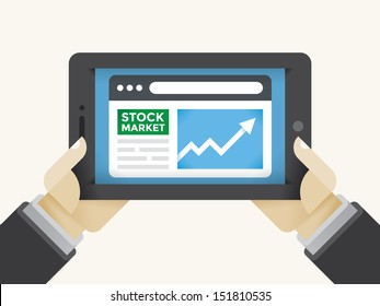 Market (New York Stock Exchange) information growth graph in Businessman or trader holding hands on tablet computer. Concepts: Wall street, trading, success, finance career, online business magazines