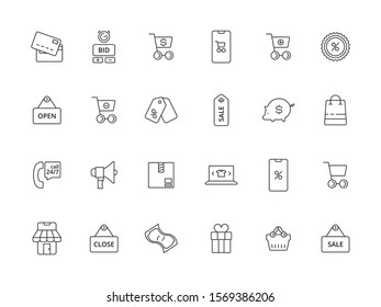 Market online icon. E commerce business purchasing app payments price basket promo coupon vector line pictures