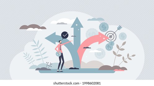 Market opportunity as successful business vision and goal tiny person concept. Various paths and strategy options with one best direction for profit, money and target achievement vector illustration.