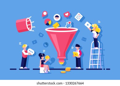 Market optimization with funneling vector illustration. People changing likes video messages to money flat style concept. Mobile social media commerce concept. Isolated on blue background