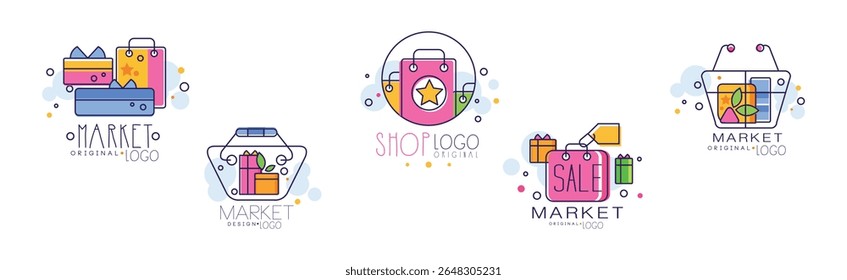 Logotipo original do mercado e conjunto de vetor de emblema de venda brilhante