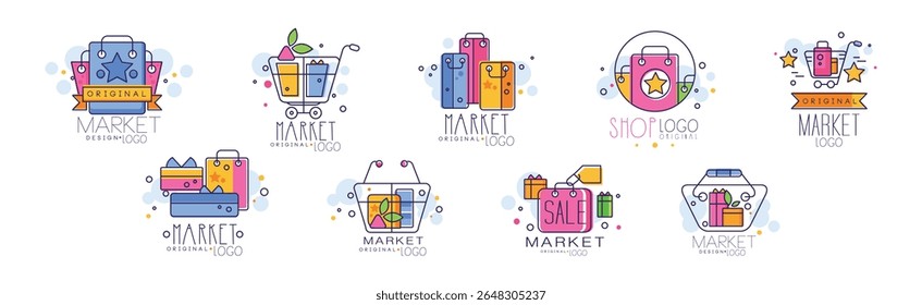 Logotipo original do mercado e conjunto de vetor de emblema de venda brilhante