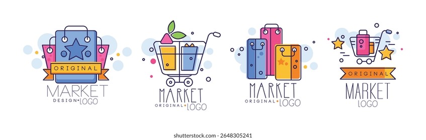 Logotipo original do mercado e conjunto de vetor de emblema de venda brilhante
