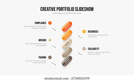 Market Overview Five Step Infographic Slideshow Design. Investor Solution 5 Element Diagram Presentation Layout. Digital Campaign Frame Template Vector Illustration.