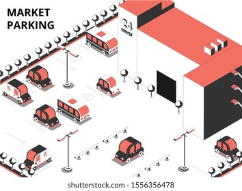 Market parking isometric composition with text and outdoor view of supermarket building and adjacent parking area vector illustration