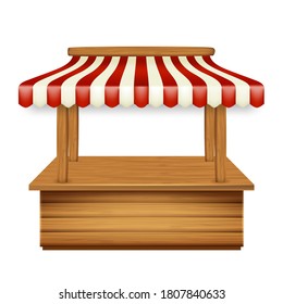 Market Pavilion Kiosk With Shop Awning Vector. Empty Wooden Market Stand With Red And White Striped Sunshade, Wood Material Storefront. Seller Workplace Template Realistic 3d Illustration