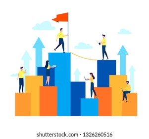 Market peak, Teamwork and partnership working to business success. Concept business flat colorful vector illustration, business infographic cartoon, Analysis, Office people