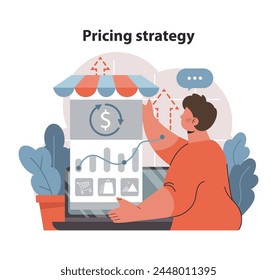 Konzept der Marktdurchdringung. Ein kluger Geschäftsmann kalibriert die Preise-Strategie auf einer Digitalplattform. Navigieren in Marktwellen mit Preisen. Entwicklung des Online-Einzelhandels. Flache Vektorillustration.
