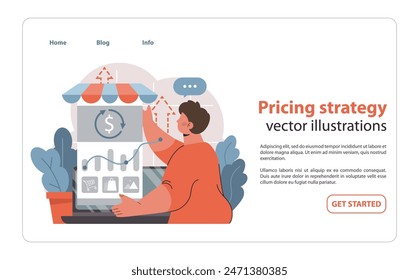 Konzept der Marktdurchdringung. Ein kluger Geschäftsmann kalibriert die Preise-Strategie auf einer Digitalplattform. Navigieren in Marktwellen mit Preisen. Entwicklung des Online-Einzelhandels. Flache Vektorillustration.