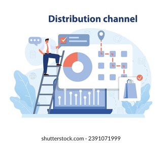 Market penetration concept. Businessman optimizing distribution channels on interactive dashboard. Strengthening supply chains. Expanding reach. Seamless integration. Flat vector illustration.