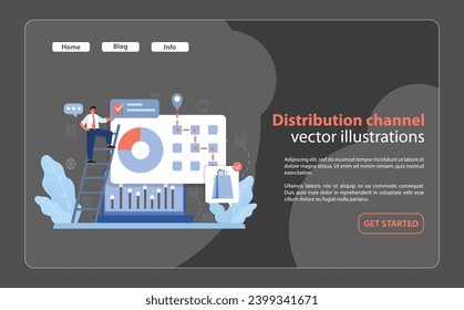 Market penetration concept. Businessman optimizing distribution channels on interactive dashboard. Strengthening supply chains. Expanding reach. Seamless integration. Flat vector illustration.