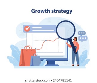 Market penetration concept. Businesswoman analyzes a growth strategy chart on computer. Enhancing market reach. Strategic planning. Scaling business. Flat vector illustration.