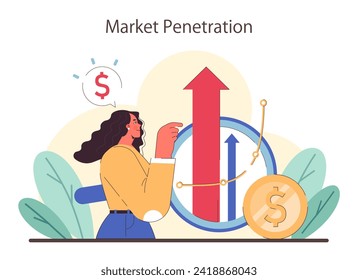 Concepto de penetración de mercado. Empresaria analiza el crecimiento con flecha hacia arriba, rodeado de elementos financieros. Éxito empresarial. Aumento de beneficios. Ilustración vectorial plana.