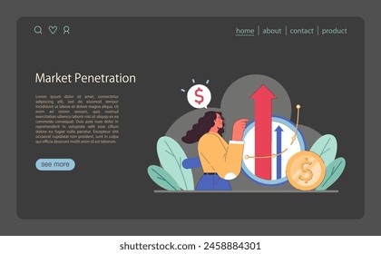 Market Penetration concept. Businesswoman analyzes growth with upward arrow, surrounded by financial elements. Business success. Profit increase. Flat vector illustration.