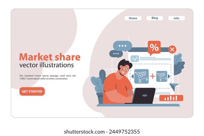 Market penetration concept. Enthusiastic analyst monitoring market share via laptop. Capturing competitive advantage. Boosting brand dominance. Increasing sales percentage. Flat vector illustration.