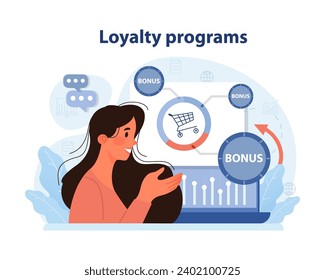 Market penetration concept. Enthusiastic woman engaging with loyalty programs on her smartphone. Earning bonuses. Strengthening customer retention. Boosting sales. Flat vector illustration.